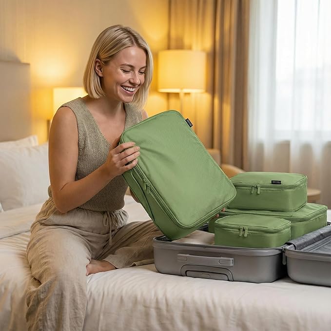 6 Set Compression Packing Cubes for Travel, Large Medium Small Luggage Organizers, Storage Bags for Clothes and Essentials (6 Pack, Forest Green)