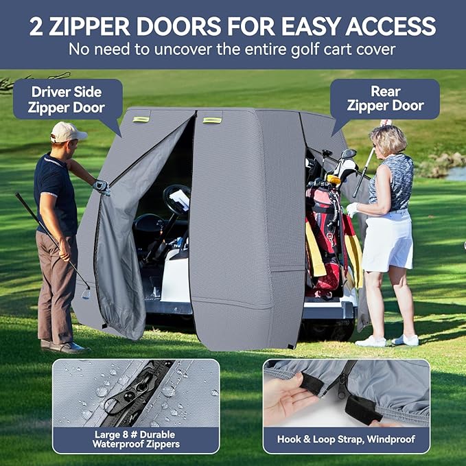 800D Waterproof Golf Cart Cover 2/4/6 Passenger, Heavy Duty Solution-Dyed Polyester UPF 50+, Universal Fits for EZ GO Yamaha Club Car (Gray, Fit for 2 Passenger Cart)