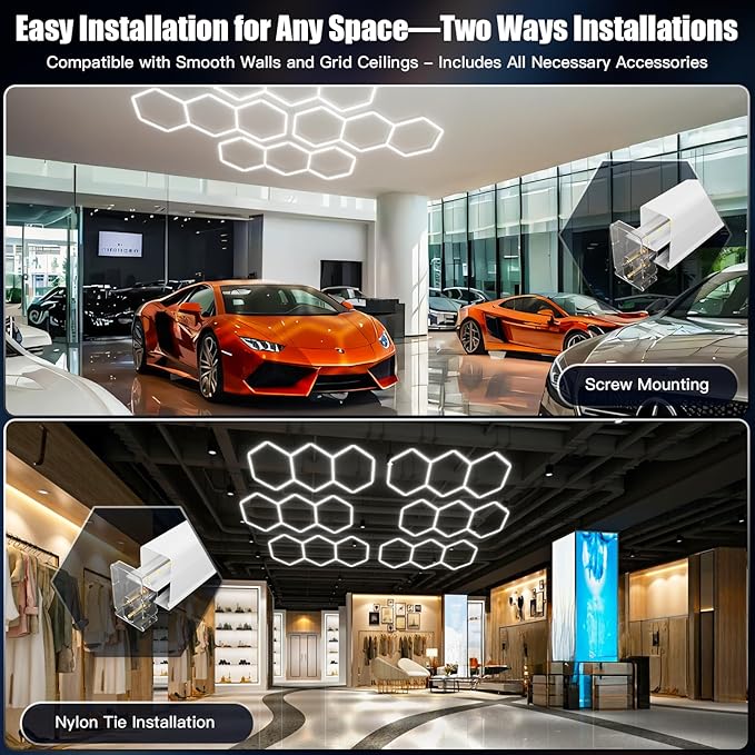 JTT Hexagon Garage Lights,16Pack 128W LED Garage Hexagon Lights,3 Grids 6500K Super Bright Car Detailing Ceiling LED Shop Light for Warehouse Workshop Gym Exhibition Hall Basement Car Care