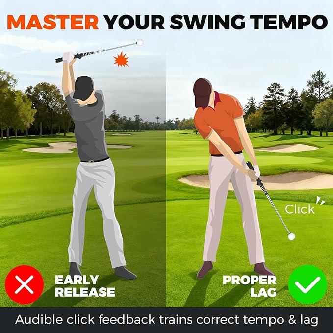 Golf Swing Trainer – Retractable Click Stick Grip & Tempo Trainer for Right-Handed Golfers, Stainless Steel Shaft Golf Training Aid for Indoor & Outdoor Swing Practice