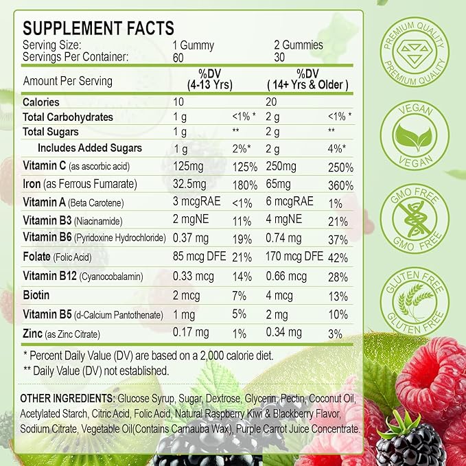 Iron Gummies for Women Men Vitamin Supplement 65mg & Vitamin C 250mg Per Serving with B6 B12 Folate- Energy Support for Iron Deficiency, Anemia, Vegan Raspberry Kiwi & Blackberry Flavor, 120 Gummies