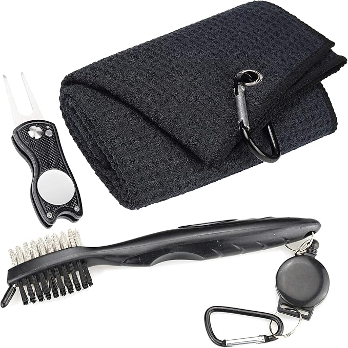 Mile High Life Microfiber Waffle Pattern Golf Towel | Club Groove Cleaner Brush | Foldable Divot Tool with Magnetic Ball Marker (Black Towel/Brush/Fish Divot)