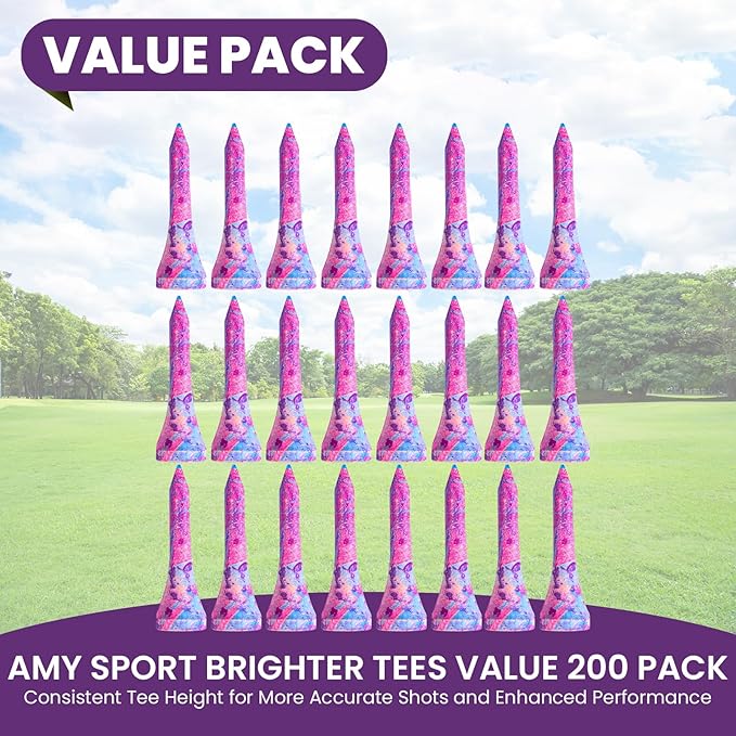 Amy Sport Golf Tees Styllish Bamboo Wooden Coloured Painted Bulk 200 Pack 1 1/2 3 1/4 2 3/4 Inch Tee, Enhanced Visibility Color Purple Pink Green Blue, Practice for Men Women