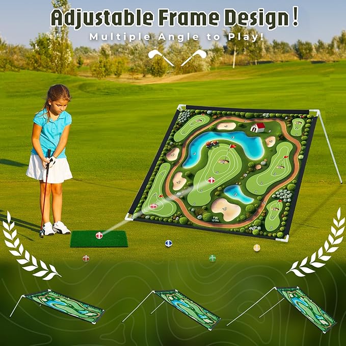 2-IN-1 Portable Golf Chipping Game Set 6×6FT 2PCS Adjustable Golf Practice Mat with 3-Level Golf Clubs 40 Sticky Balls for Indoor Outdoor Training Playing Chipping Golf Game Practice For Golfers