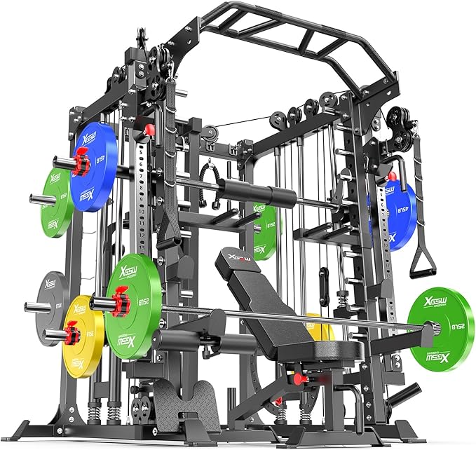 Smith Machine，Multi-Function Squat Rack Power Cage with Cable Crossover System,with Optional Weight Bench, Olympic Barbell Weight Set, for Home Gym