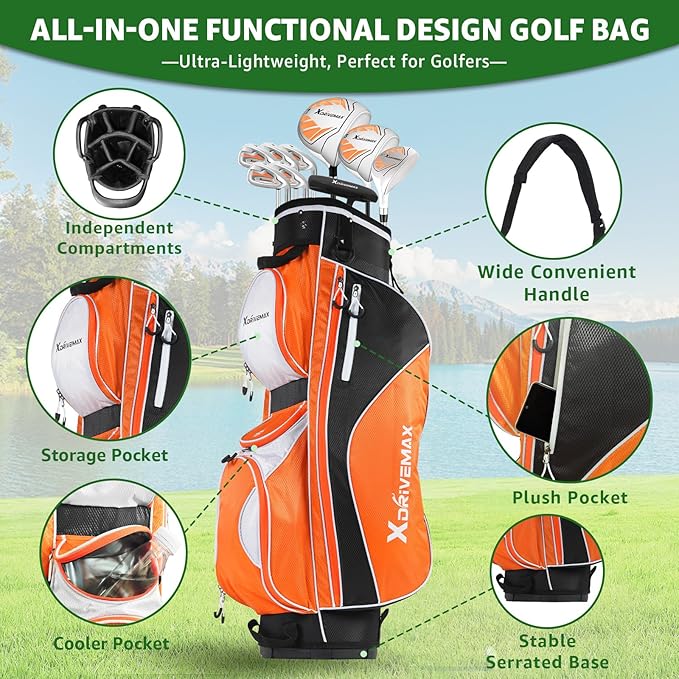 10 Pieces Golf Clubs Full Set Mens Right Hand,Golf Set Includes Stand Bag with Rain Hood, 1#Driver 3#Wood #5 Hybrid,with 3 Head Covers, 6# 7# 8# 9# PW# Irons and Putter