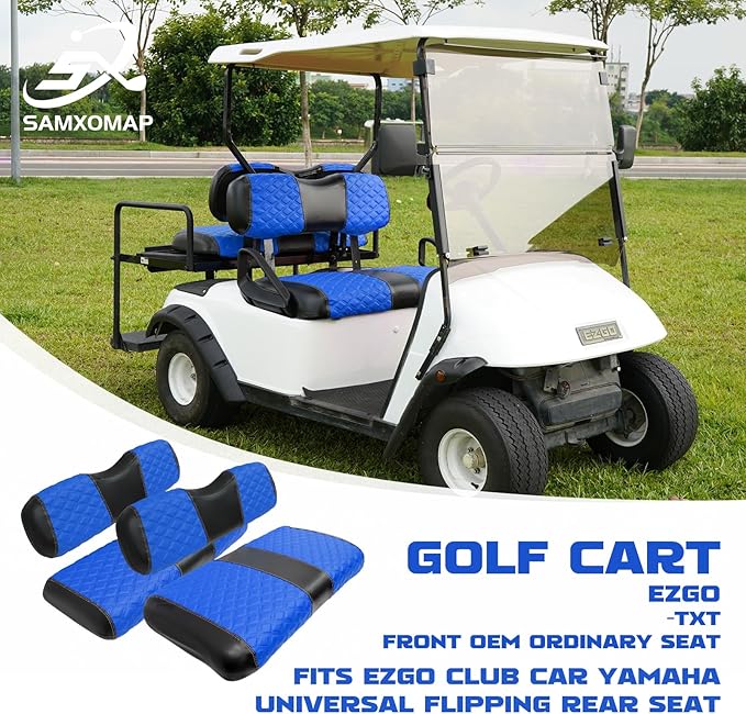 Golf Cart Front and Rear Seat Covers Waterproof and Sun Resistant Marine Grade Vinyl Leather Seat Cover Accessories for EZGO TXT 1994-2013,Blue(4PCS)