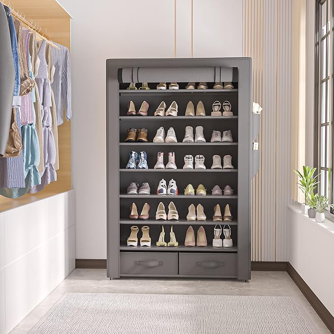 OYREL Shoe Rack Storage Cabinet 32 Pairs Organizer Shelf Tall for Shoes Large Free Standing Racks Vertical Shoe Holder Stand with Cover Two Boxes Closet