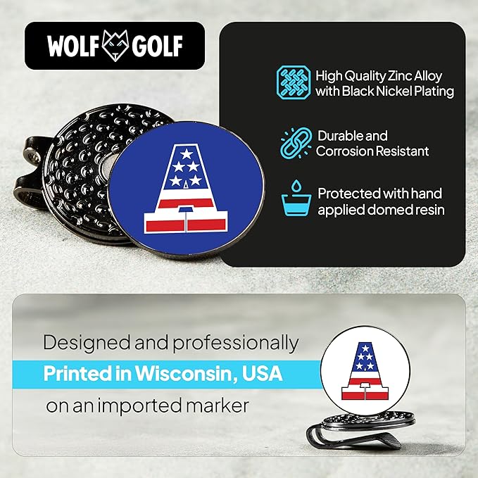 Wolf Golf Towels Golf Ball Marker Hat Clip | USA Monogram | 1 Magnetic Clip + 3 Ball Markers | Patriotic Golf Accessories for Men & Women