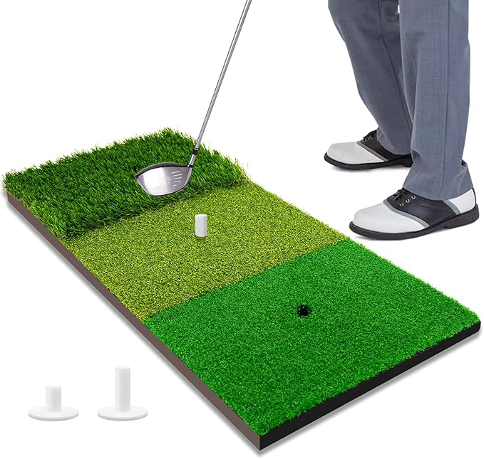 3-in-1 Golf Chipping Mat – Tri-Turf Golf Practice Mat for Indoor & Outdoor Use, Durable Grass Hitting Pad for Driving, Chipping & Putting Training, Portable Backyard Golf Trainer