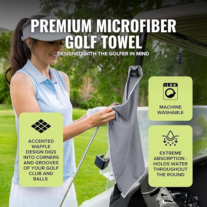 Stripebird - Magnetic Golf Towel (Gray) - Microfiber Golf Towel with Built-in Ultra-Strong Neodymium Magnetic Towel - 18" x 18" Golf Bag Towel