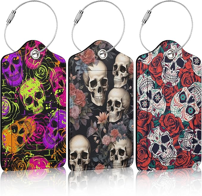 3 Pack Skull Flowers Luggage Tags for Suitcase PU Leather Travel Luggage Tag Privacy Cover ID Label for Women Men Baggage Backpack Handbag School Bag
