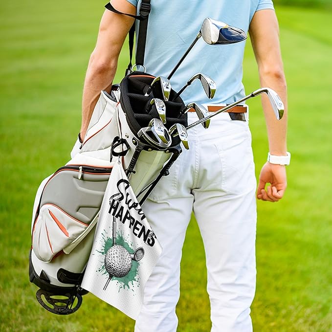 Swing Happens Printed Funny Golf Towel with Carabiner Clip 24"x16" Cute White Golf Towels for Golf Bags Microfiber Waffle Golfs Rag for Disc Balls Clubs Golfs Accessories for Men Women Dad Husband