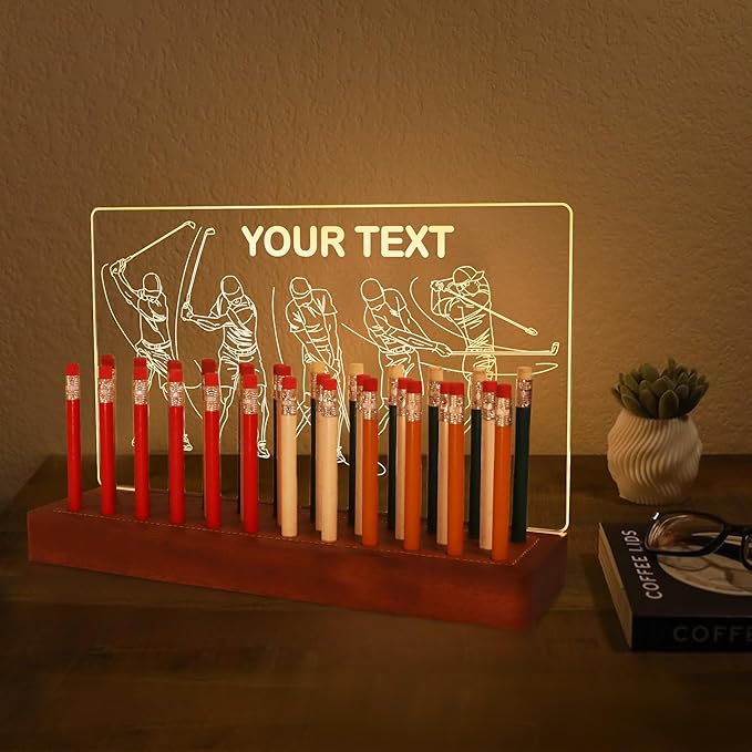 Customized Light Up Golf Pencil Display Case, Wooden Acrylic Accessories with Warm White Lights for Pencil Display and Storage in Homes, Offices, Golf Pro Stores, Golf Museums, and Galleries