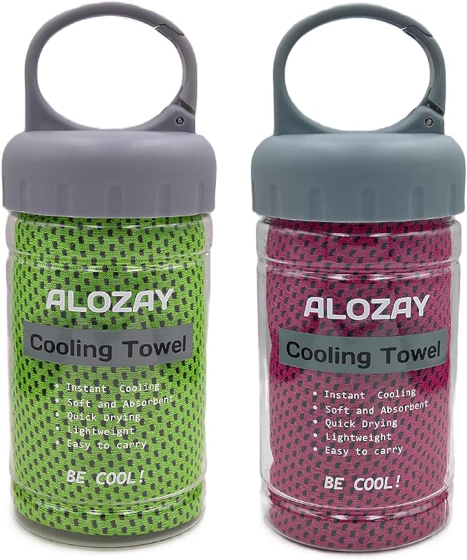2 Pack Cooling Towels (40"x 12") with Handle Carry Package, Microfiber Ice Towel for Instant Relief, Soft Breathable Chilly Towel for Yoga, Fitness, Travel, Golf, Gym (Green/Rose Red)