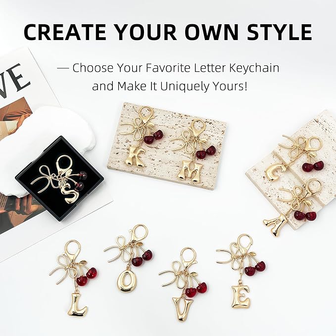 Gold Bubble Heart, Cherry, Bow & More Designs Letter Initial Keychain Bag Charms – Cute Purse Charms for Handbags