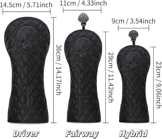 Grid Black Line Skull Golf Club Covers – Driver Headcover, Fairway Wood & Hybrid, 3 Wood Headcover, Black Skull Leather, Waterproof Easy-Clean, Universal Fit The Most Brands