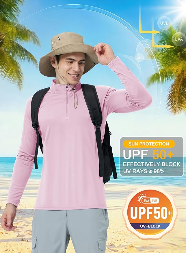 CRYSULLY Men's Long Sleeve 1/4 Zip Shirts Sun Protection Pullover UPF 50+ Rash Guard Running Lightweight T Shirt