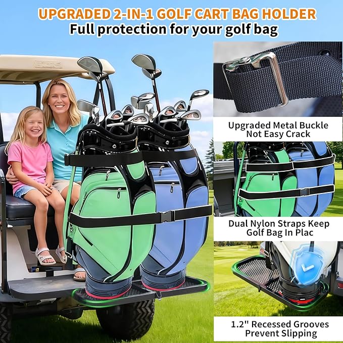 No Drilling Golf Cart Bag Holder Bracket for 2+2 Golf Cart Rear Seat with 1 Inch Square Tube, Universal Golf Bag Attachment Adjustable for EZGO Club Car Yamaha Golf Carts
