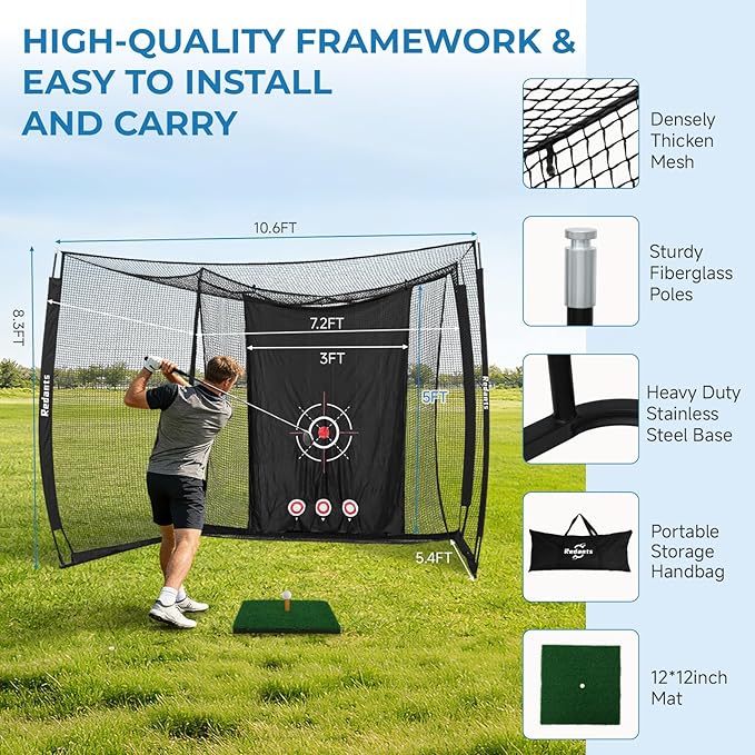 10x8 ft Golf Practice Hitting Net Cage Enclosure - Heavy-Duty Construction for Long-Lasting Practice, Impact Screen, Blank Simulator Screen, or Classic Net for Indoor/Outdoor Backyard Practice