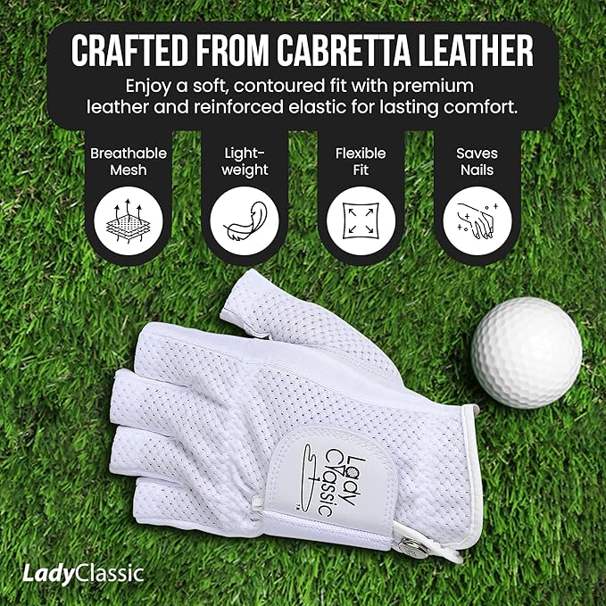 Mesh Half Golf Glove for Women – Premium Cabretta Leather Palm, Breathable Mesh Back, Half-Finger Design Ladies Golf Glove for Enhanced Grip & Comfort