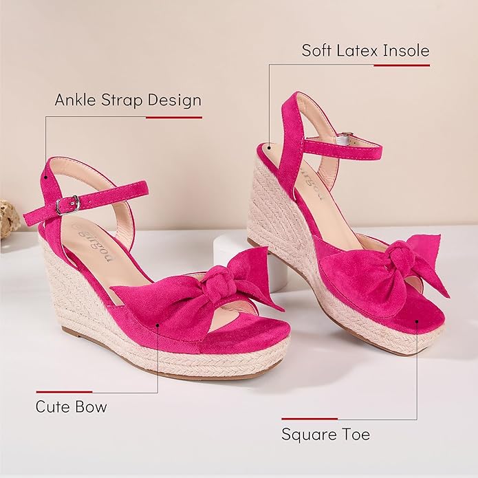 girgod Espadrilles Wedge Sandals for Women Bow Platform Wedges Heels Open Toe Ankle Strap Summer Wedding Wedges
