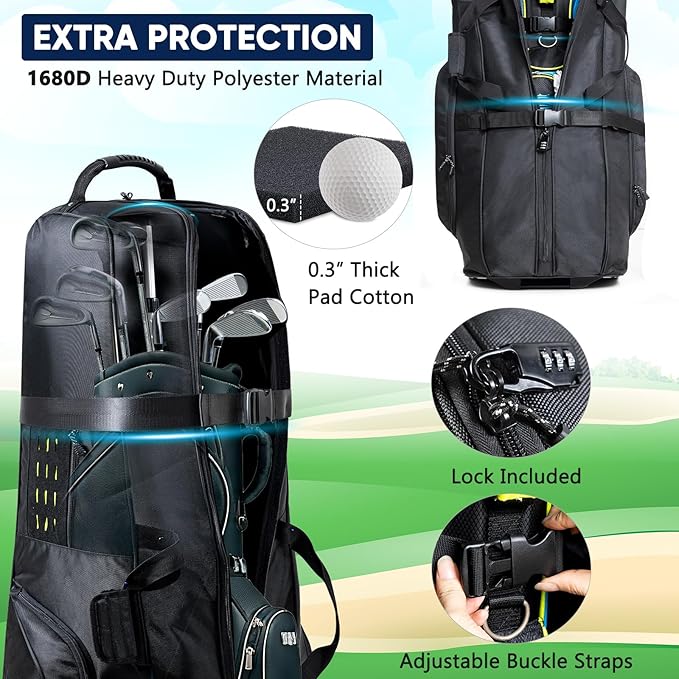 Golf Travel Bag with Wheels - Airline-Approved Heavy Duty Oxford Golf Case for Clubs, Cart&StandBag, Soft-Sided Waterproof Cover