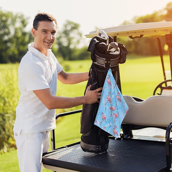 Blue Flamingo Golf Towel with Carabiner Clip 24"x16" Funny Ladies Golf Towels for Golf Bags Microfiber Waffle Cute Golfs Rag for Disc Balls Clubs Golfs Accessories for Women Men Mom