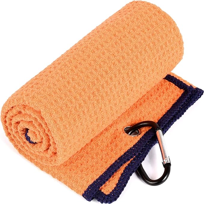 VIVIDLY 2 Pack Tri-fold Golf Towels, Premium Microfiber Fabric Waffle Pattern with Black Heavy Duty Carabiner Clip, Orange Golf Towels for Golf Bags for Men (Orange)