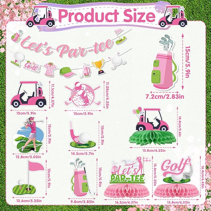 Pink Golf Party Decorations - 11PCS Golf Birthday Decorations Lets Partee Banners Hanging Swirls Honeycomb Centerpieces Sport Themed Party Birthday Decor Supplies for Women Girls