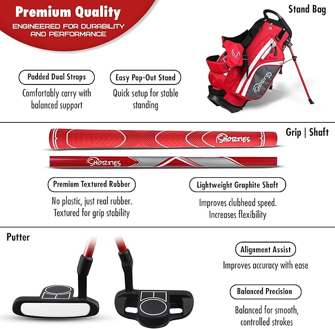 Shorties Golf - Kids Golf Club Set | Perfect for Toddler Golfers and Kids 34"-38" Tall | EasyCarry Stand Bag | Driver, 7-Iron, Putter, Headcover, and Rain Cover