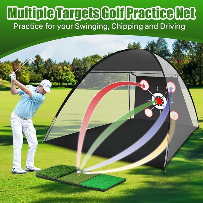 Golf Net with Practice Mat,Golf Hitting Aid Nets 10x7FT for Backyard Driving Chipping Training Swing,Gifts for Men Dad Him and Golfer