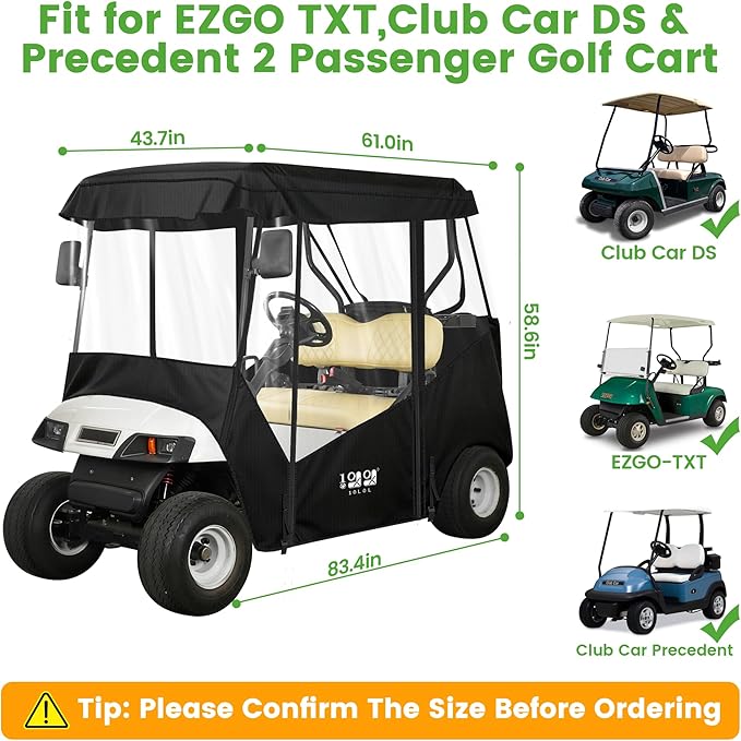10L0L 2 Passenger Golf Cart Enclosure -61" Roof Fit Universal for EZGO TXT RXV & Club Car DS Precedent with Side Mirror Openings,Waterproof 600D Rain Cover,Transparent Tail Light Panel,4-Sided Windows