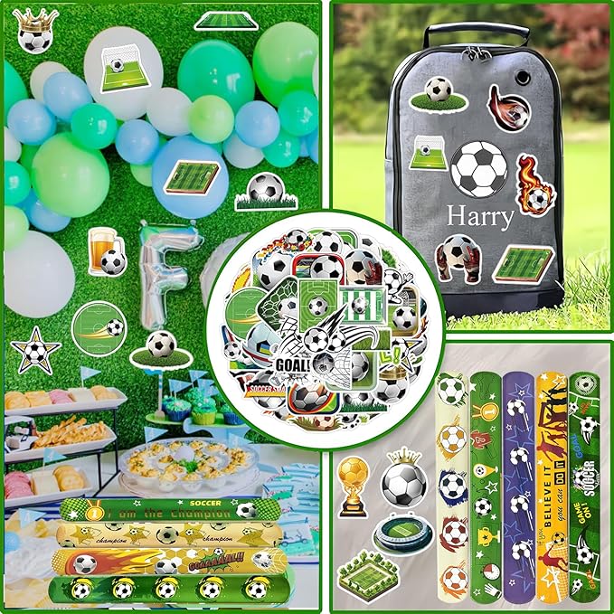 74Pcs Soccer Theme Party Favors Contain 24 Pcs Slap Bracelets 50Pcs Stickers, Soccer Theme Birthday Party Decorations,Classroom Rewards Supplies.