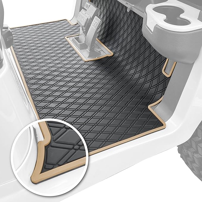 Xtreme Mats Club Car Compatible Golf Cart Mat, Full Coverage Rubber Floor Liner - Fits Club Car Models Precedent (2004-2025)/Onward & Tempo (2017-2025)/Villager & V4L (2019-2024) - Beige Trim