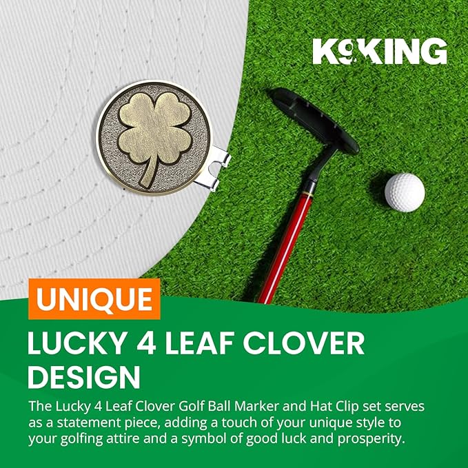 K9King Lucky 4 Leaf Clover Golf Ball Marker and Magnetic Golf Hat Clip | Putting Green Golf Accessories for Men and Women | Unique Shamrock Golf Balls Marker Gift | Ideal Gift Ideas