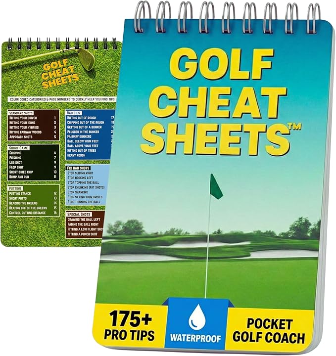 Golf Training Aid Pocketbook with or Without Yardage Cards - Reference Guide for Golfing - Golf Cheat Sheets Packed with 175+ Tips for Swing and Putting