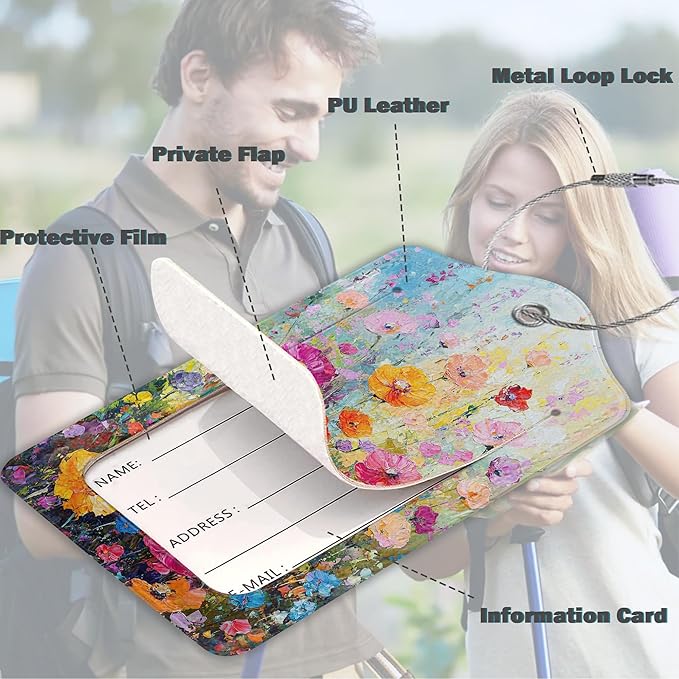 Spring Flower Luggage Tag, 3 Pack Luggage Tags for Suitcases, Cute Suitcase Tags Identifiers Bag Tags with Privacy Flap, Baggage Name Tag for Women Men Luggage Backpack School Bag