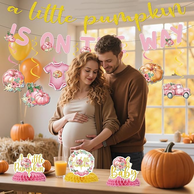 Pumpkin Baby Shower Decorations - 13PCS a Little Pumpkin Is on the Way Baby Shower Banners Hanging Swirls Honeycomb Centerpieces Pink Fall Gender Reveal Party Decorations Decor Supplies