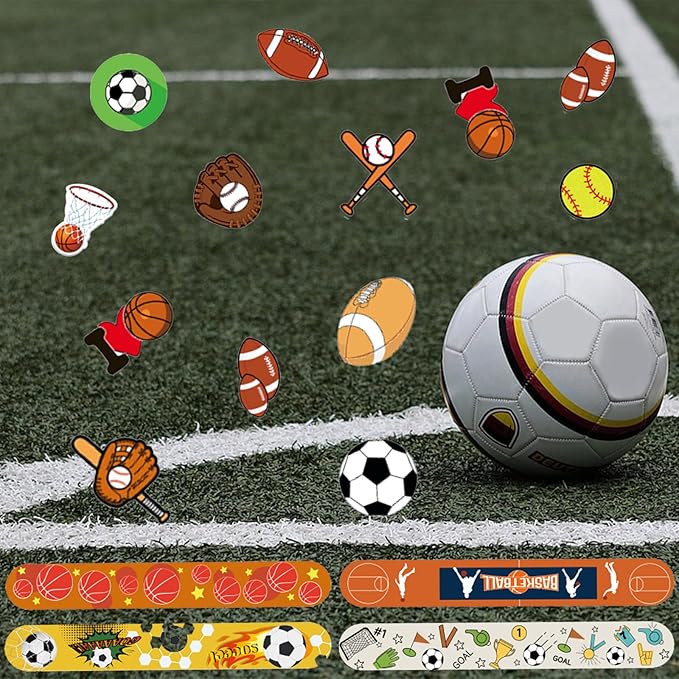 74Pcs Sports Theme Party Favors 24 Pcs Ball Theme Slap Bracelets 50 Pcs Sport Theme Stickers ，Sports Party Team Gift Fillers School Classroom games Rewards Supplies