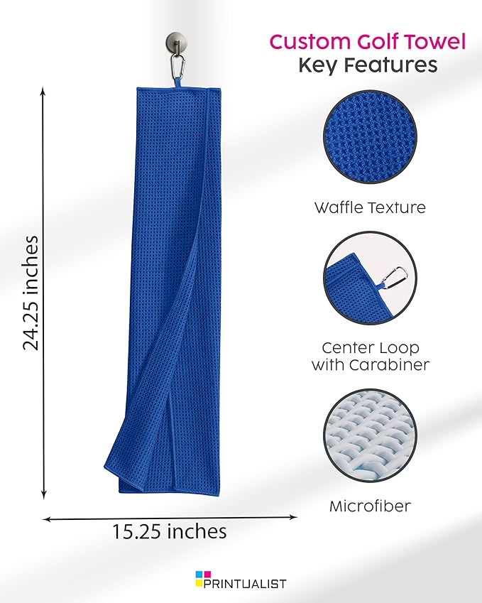Custom Golf Towel for Golf Bags, Balls - Add Your Embroidered Name - Personalized Trifold Golf Bag Towels with Clip, for Men and Women