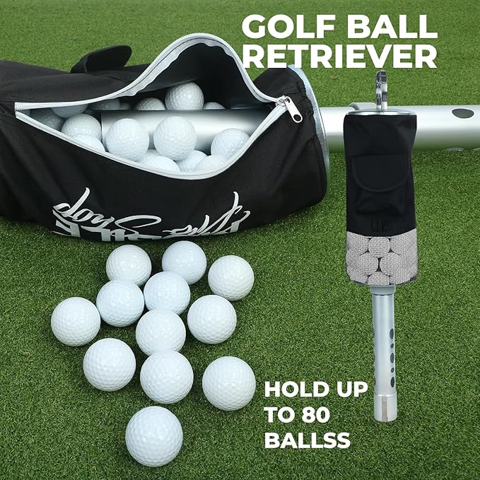 Golf Ball Retriever | Portable Shag Bag for Golf Balls | Collector with Detachable Aluminum Alloy/Plastic Tube and Handle - Holds up to 80 Balls