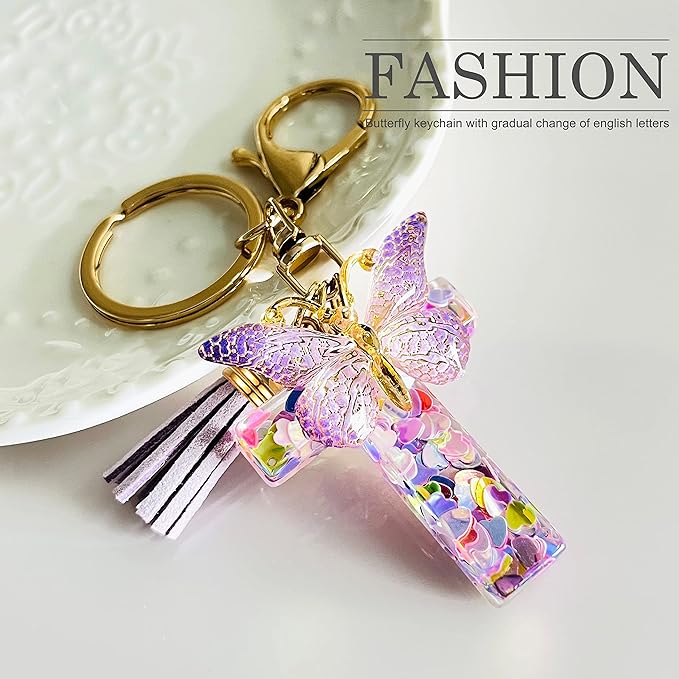 JINGUAZI Initial letter Keychains for Women Tassel Butterfly Pink Purple Cute Car Keychain for Wallet Backpack bag charm