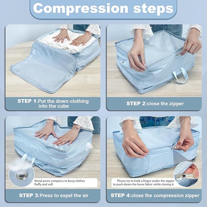2 Set Compression Packing Cubes for Travel, Expandable Luggage Organizers Bag, Large Compression Cubes for Packing, Travel Accessories for Suitcase Organizer Bags Set (Light Blue)