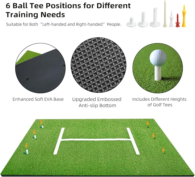 Golf Mat 5x4ft Thicken Golf Hitting Mats Outdoor, Golf Practice Swing Mat, Golf Stance Mat, Golf Training Aid, Non-Slip/High-Elastic Base, w/ 10 Golf Tees & 8 Golf Balls