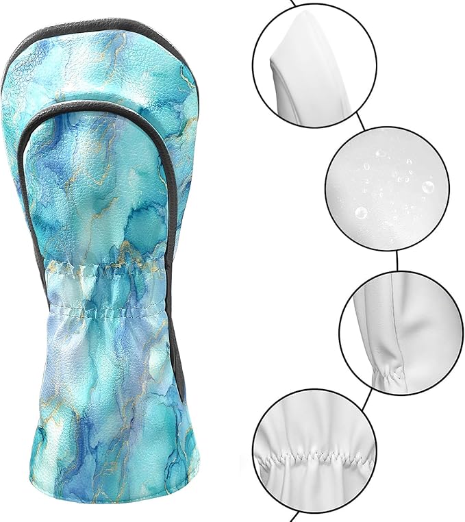 Golf Driver Head Covers Fairway Wood Headcovers, Premium Leather Golf Club Covers with Anti-Scratch Lining 1/3/5 Wood Cover for Golf Clubs for Women Men (Marble Blue)