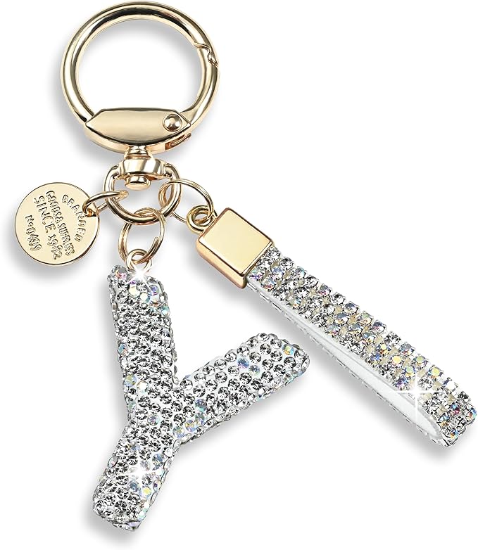 Pink Blue White Initial Letter Keychain Gift for Women Girls Bling Sparkly Cute Backpack Car Key Accessories Lanyard