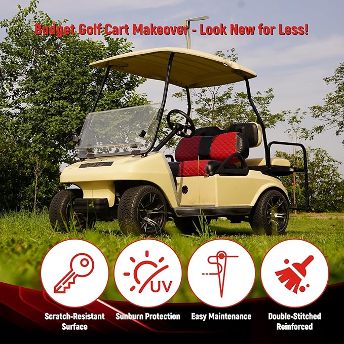Golf Cart Seat Covers Front and Rear Waterproof and Sun Resistant Marine Grade Vinyl Leather Seat Cover Accessories for Club Car DS 2000.5-up, Deep Red(4PCS)