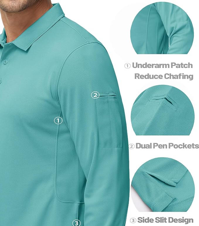 MAGCOMSEN Men's Polo Shirts 3 Button Quick Dry Performance Long Sleeve Tactical Shirts Pique Jersey Golf Shirt