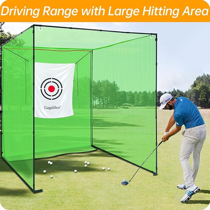 Gagalileo Golf Cage Net with Steel Frame and Target: 10X10X10FT Heavy Duty Practice Net for Backyard Driving & Indoor Driving Range Outdoor Training